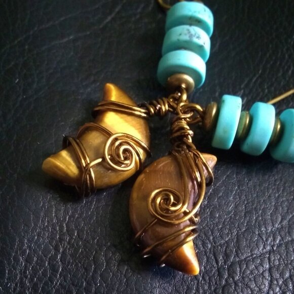 Wire Wrapped Tigereye Moon + Turquoise Howlite ~ One-of-a-kind Dangle Earrings - Picture 8 of 13